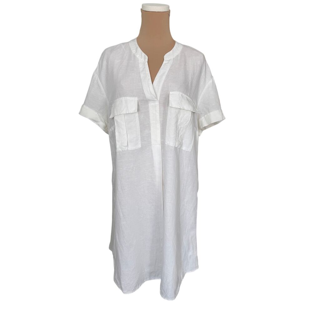H&M Linen Blend White Shirt Dress Women’s 10 Short Sleeve V-Neck Tunic Summer